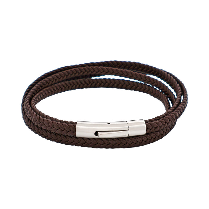 Stainless Steel & Brown Leather Double Strand Bracelet
