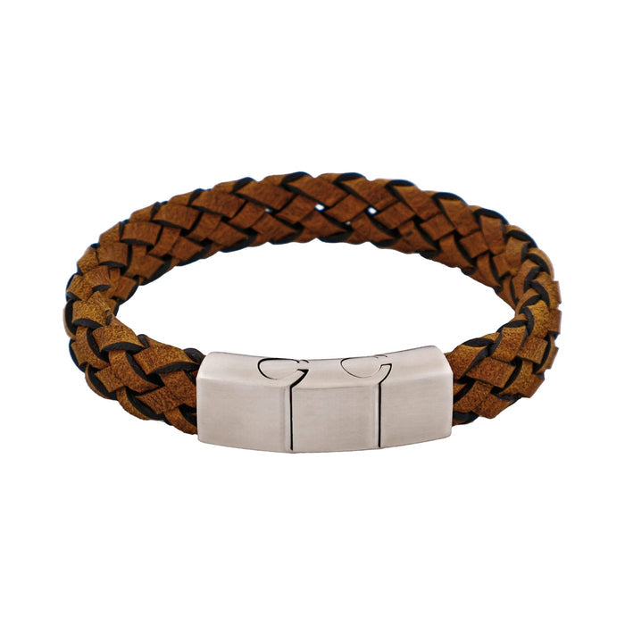 Stainless Steel & Dark Tan Italian Leather Bracelet