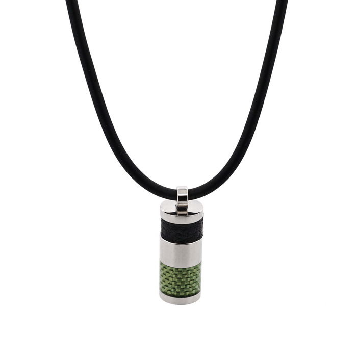 Stainless Steel & Green Carbon Cylinder Pendant & Leather on Rubber Chain Pendant