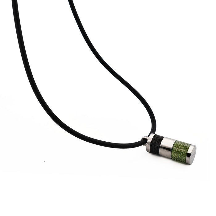 Stainless Steel & Green Carbon Cylinder Pendant & Leather on Rubber Chain Pendant