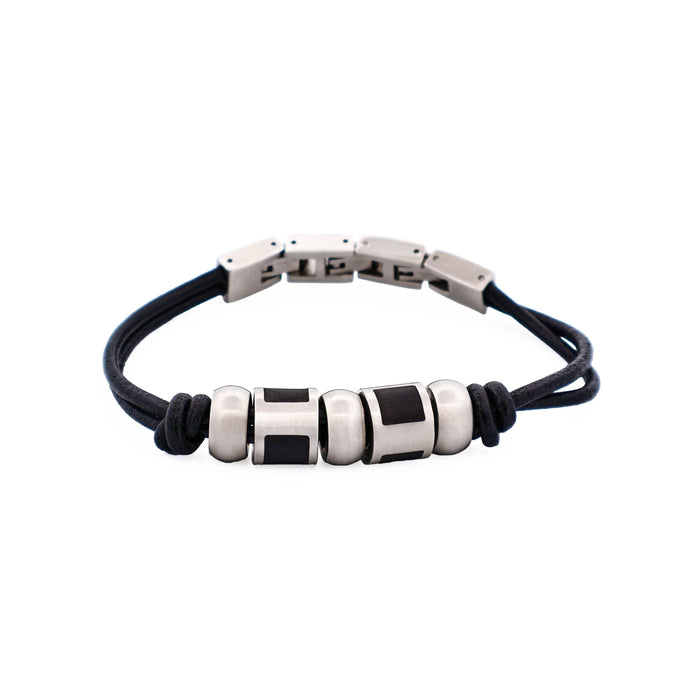 Stainless Steel &Ion Plated Black Bead Leather Bracelet