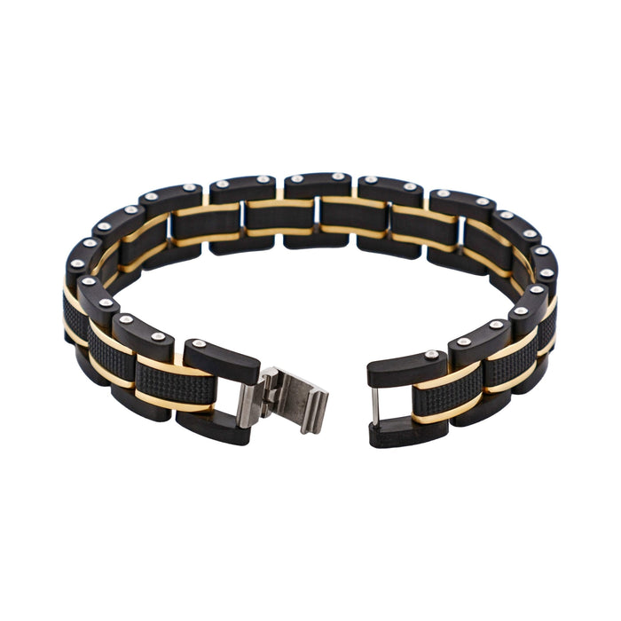 Stainless Steel & Ion Plated Black &Ion Plated 14k Gold Link Bracelet