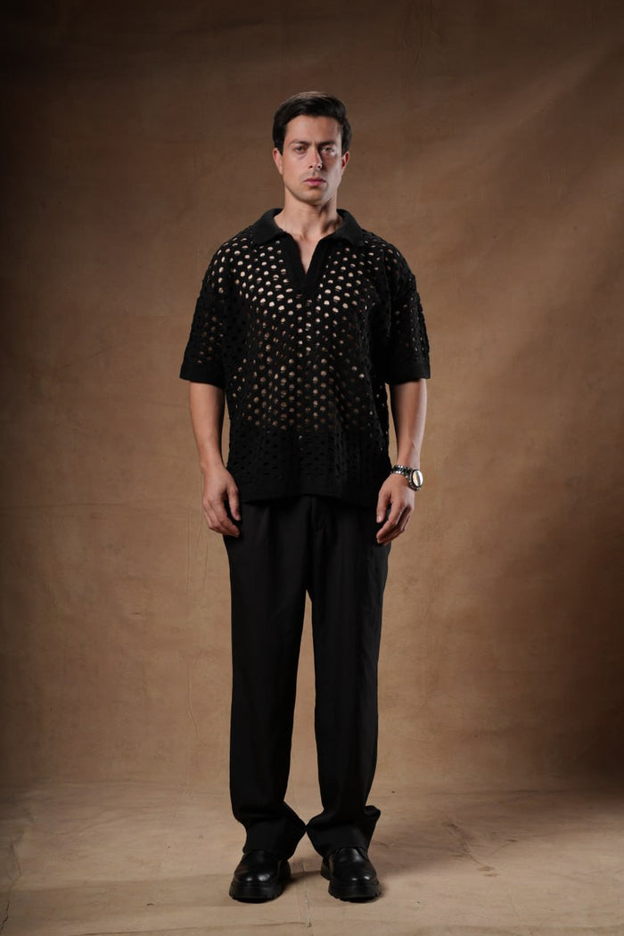 Textured Openwork Knit Polo.