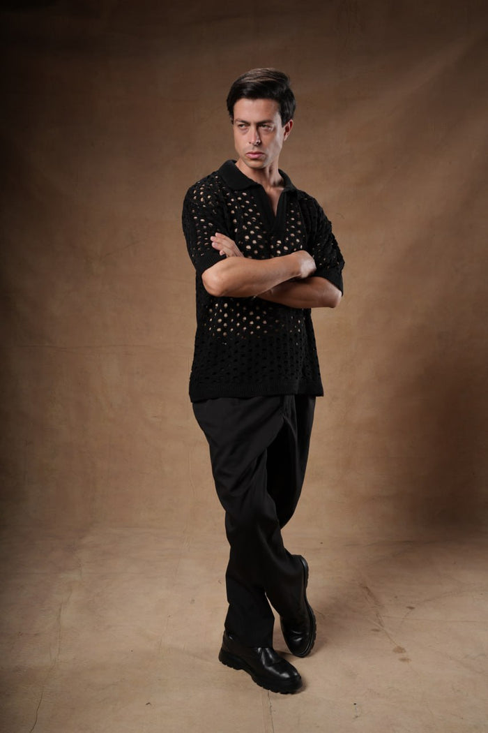 Textured Openwork Knit Polo.