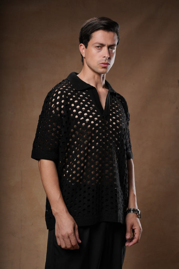 Textured Openwork Knit Polo.