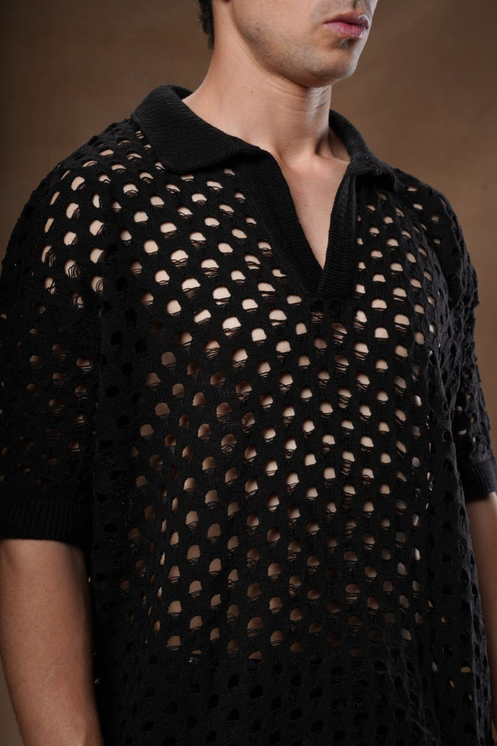 Textured Openwork Knit Polo.