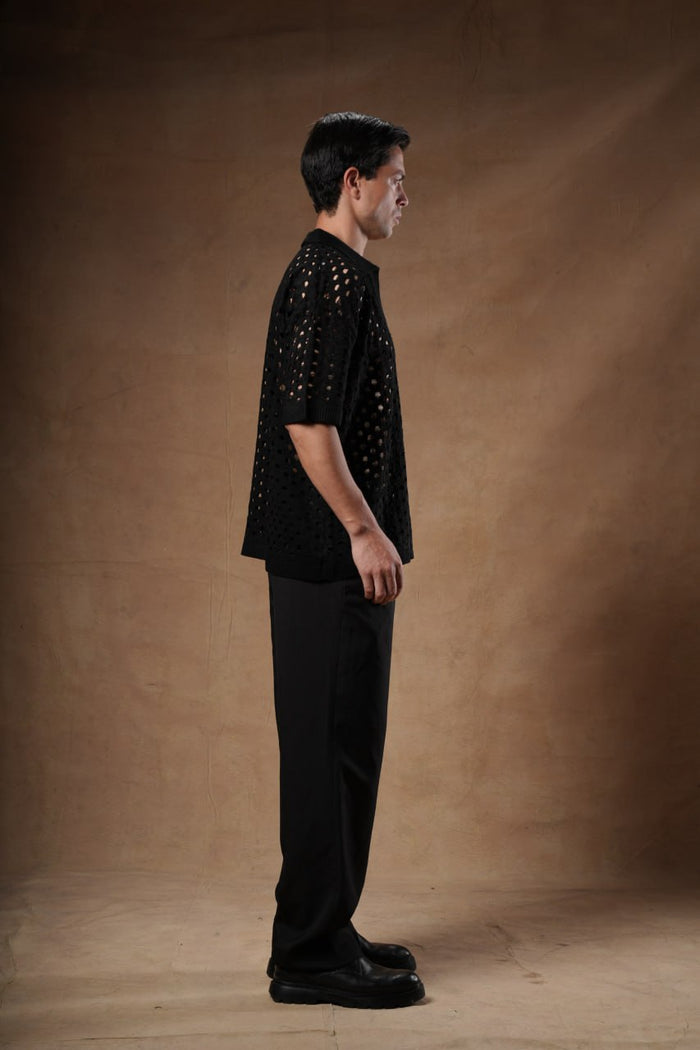 Textured Openwork Knit Polo.