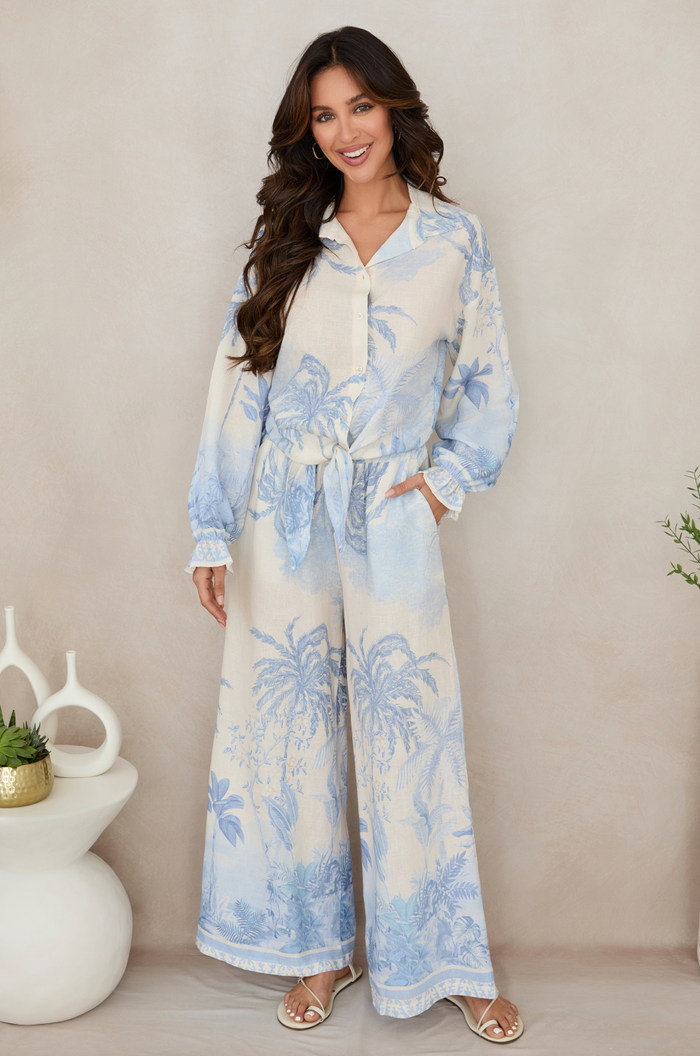 Tropical Palm Button Down Tie-Front - Blue