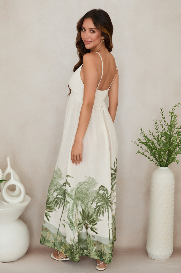 Tropical Palm V-Neck Maxi Dress - Green