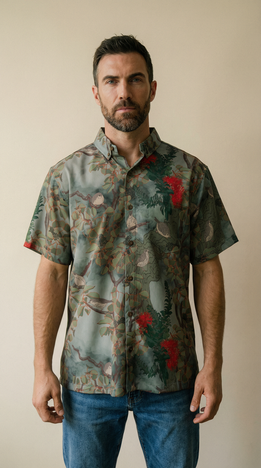 Vanishing Akikiki Gray Aloha Shirt