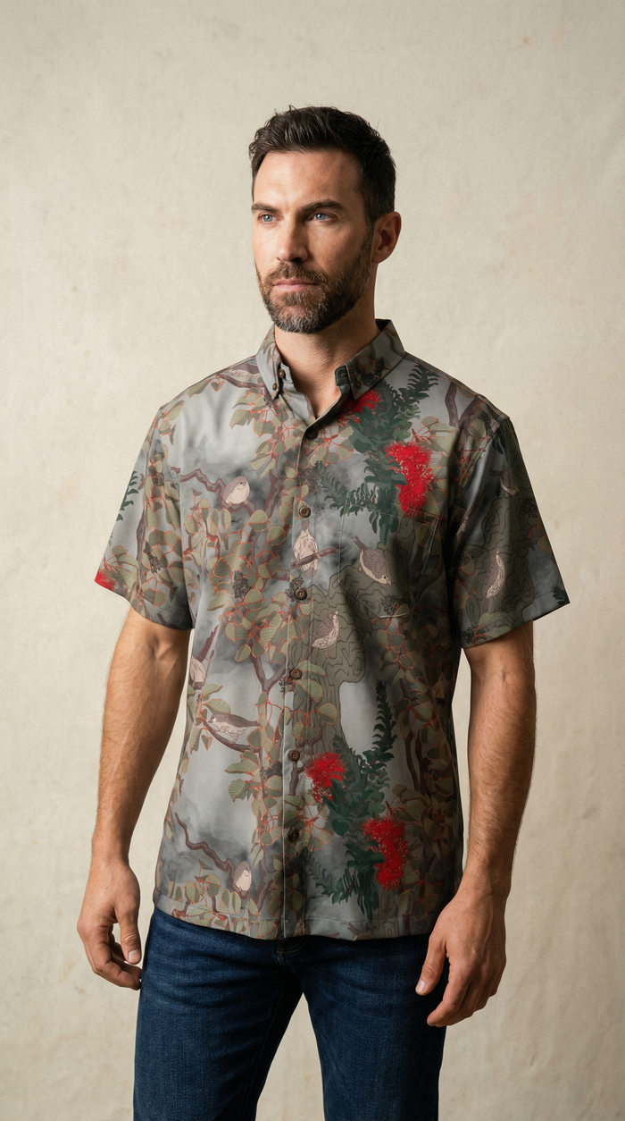 Vanishing Akikiki Gray Aloha Shirt