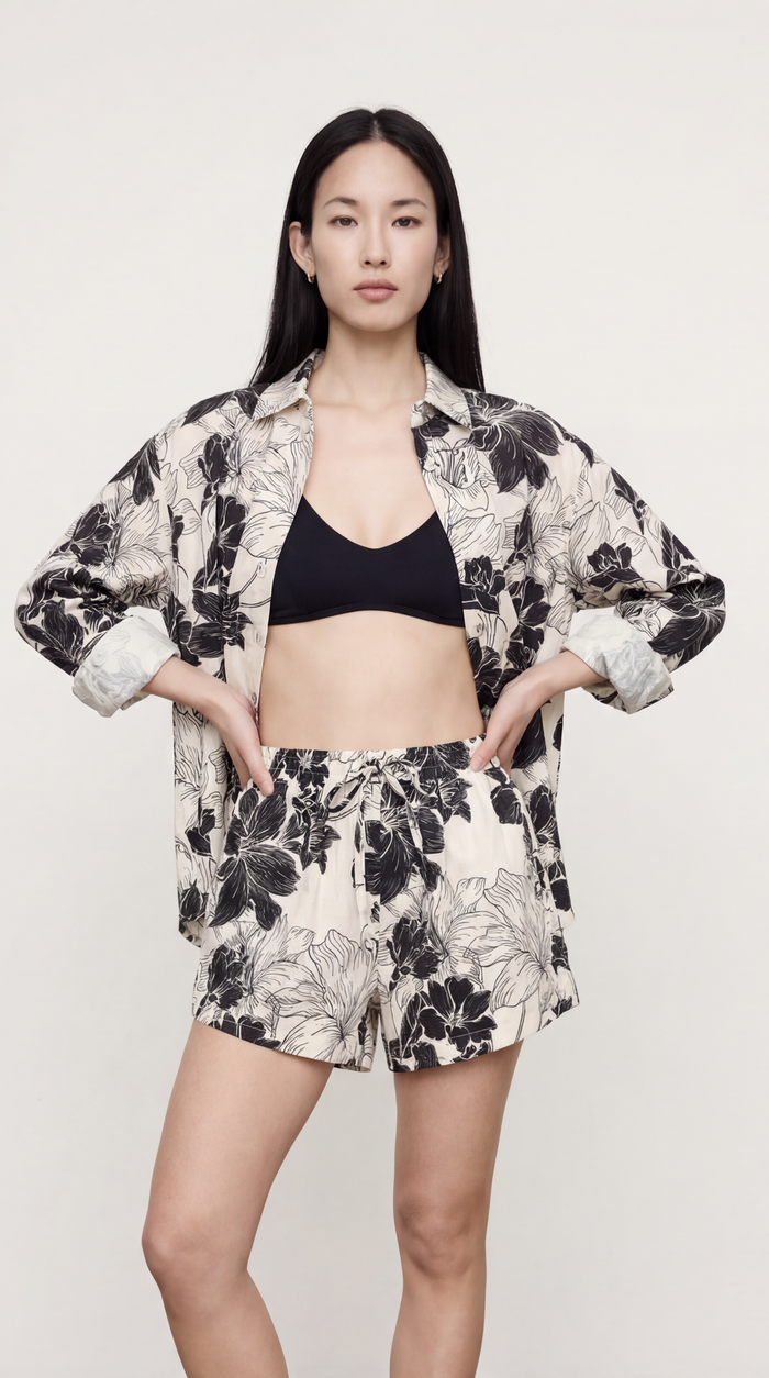 Waikiki Shorts - Black Lilies on White - Top View
