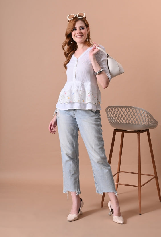 White Floral Print Women's Peplum Tops | 100% Cotton for Women