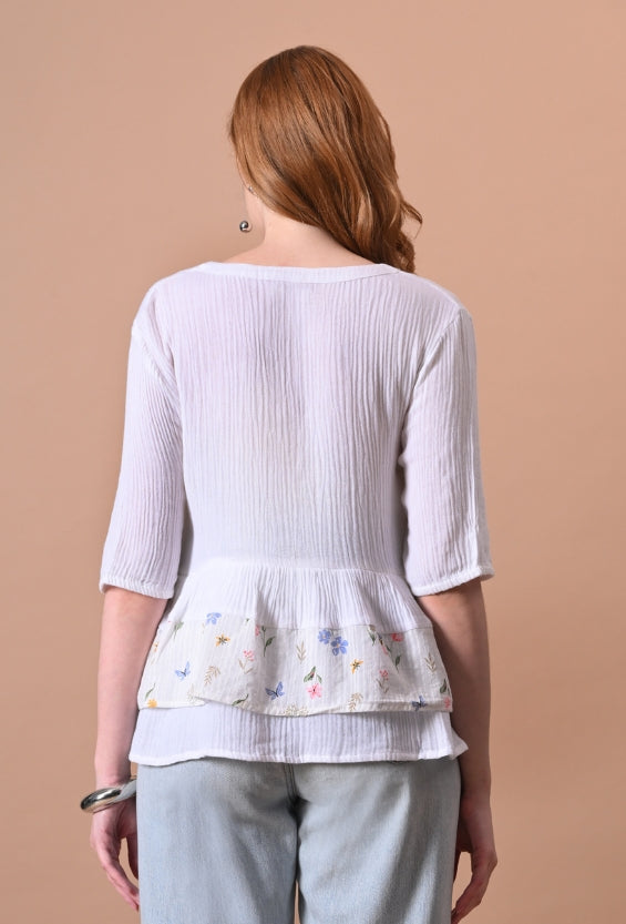 White Floral Print Women's Peplum Tops | 100% Cotton for Women