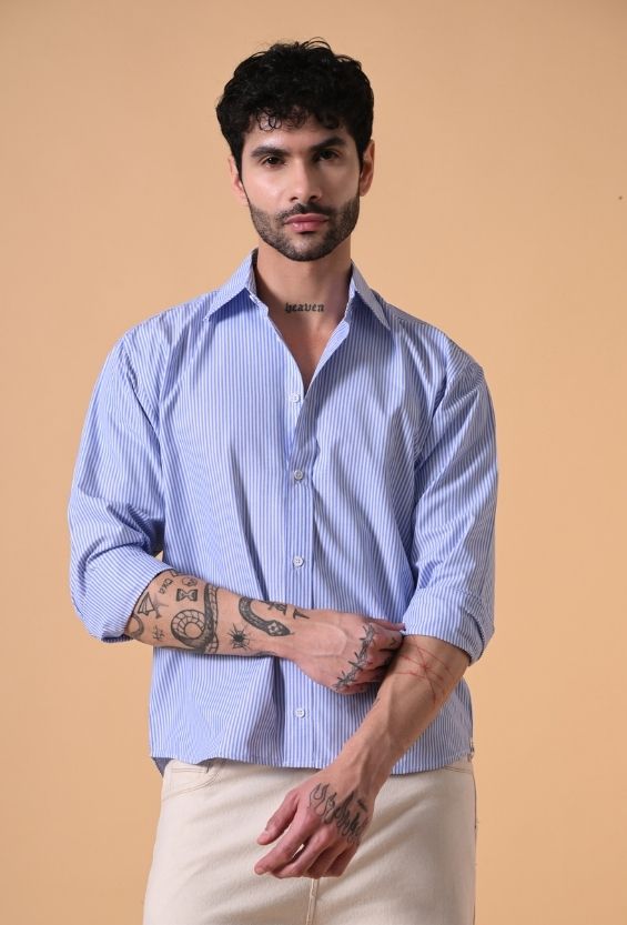 blue white striped shirt men cotton