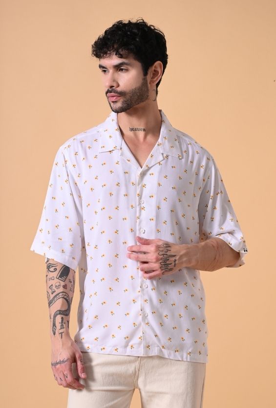 White Oversized Fit Floral Print Men's Floral Shirts for Men
