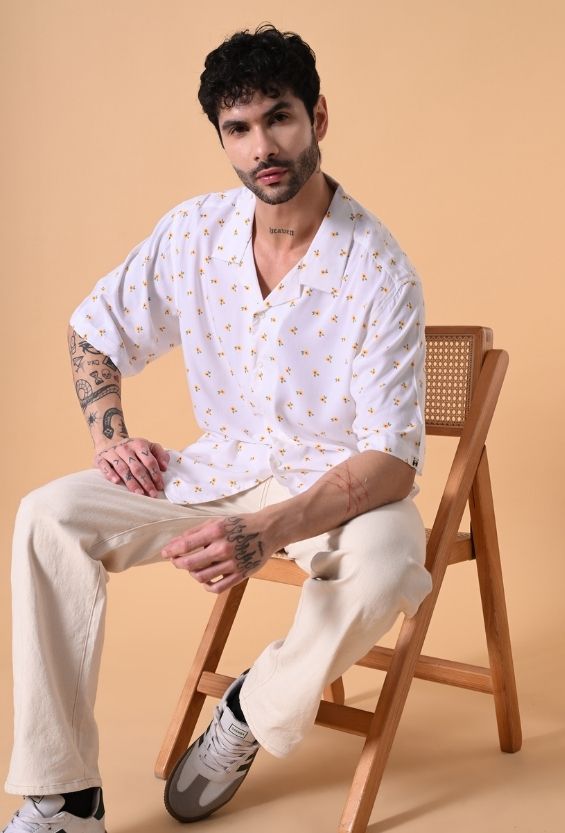 White Oversized Fit Floral Print Men's Floral Shirts for Men