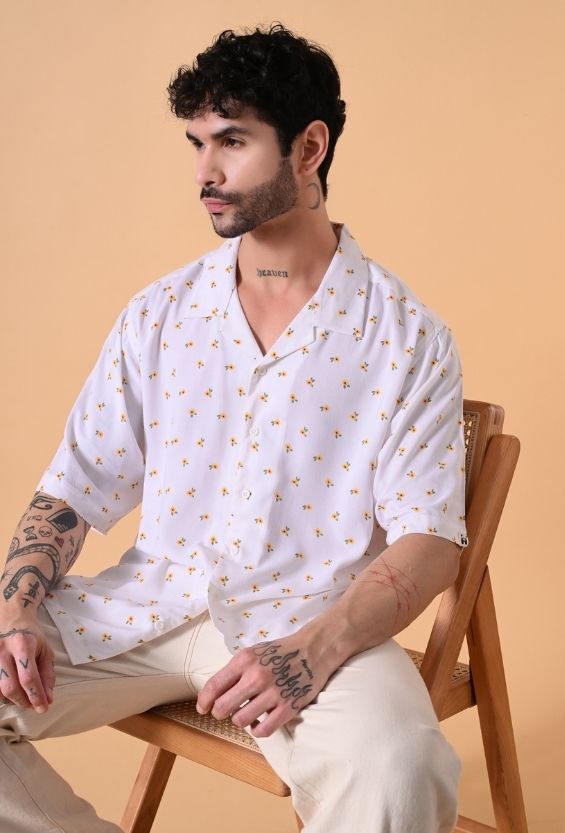 White Oversized Fit Floral Print Men's Floral Shirts for Men