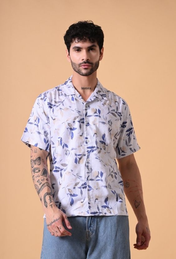 White Rayon Leaf Print Men's Camp Collar Shirts for Men