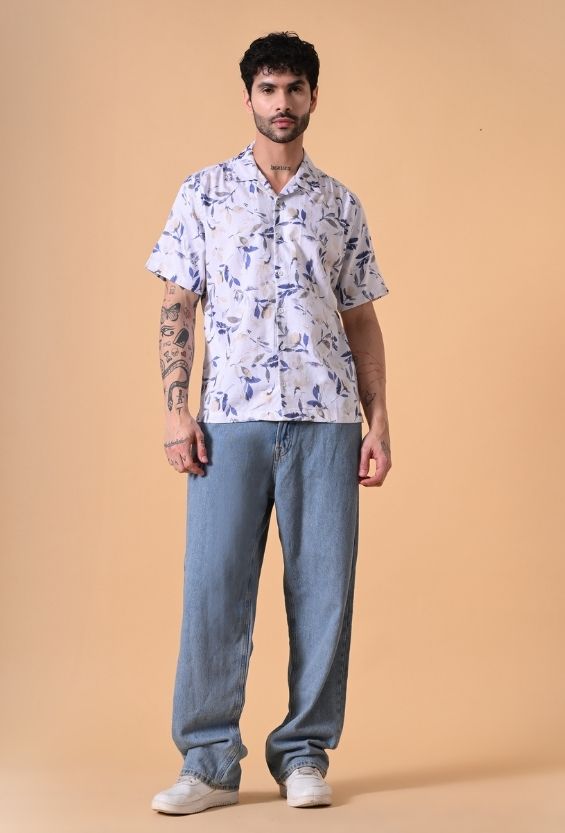 White Rayon Leaf Print Men's Camp Collar Shirts for Men