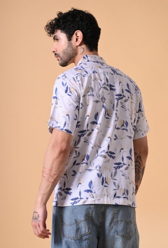 White Rayon Leaf Print Men's Camp Collar Shirts for Men