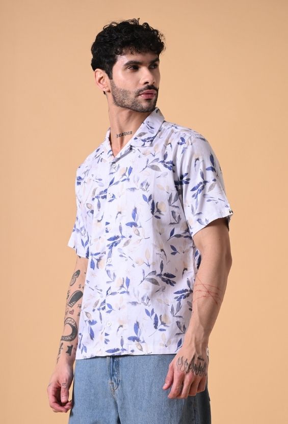White Rayon Leaf Print Men's Camp Collar Shirts for Men