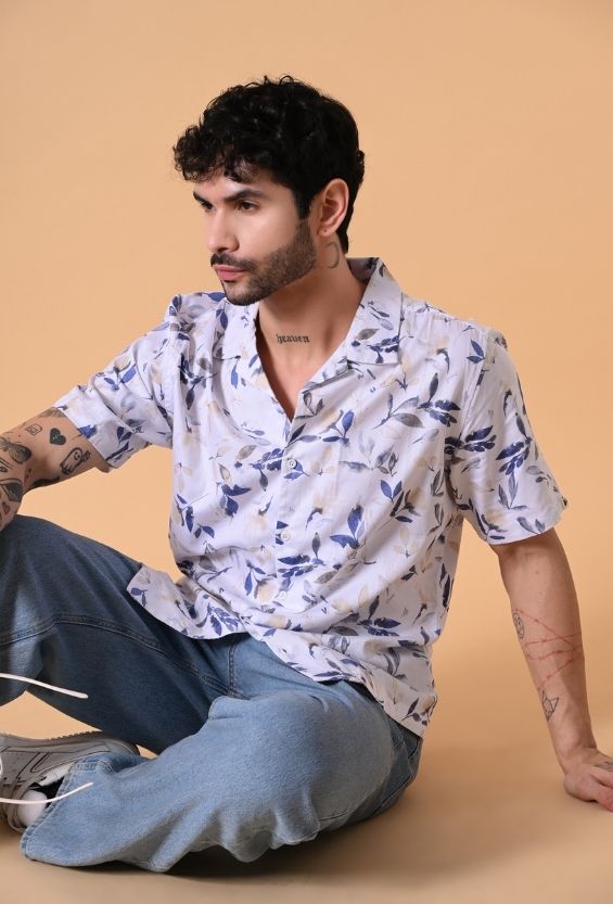 White Rayon Leaf Print Men's Camp Collar Shirts for Men