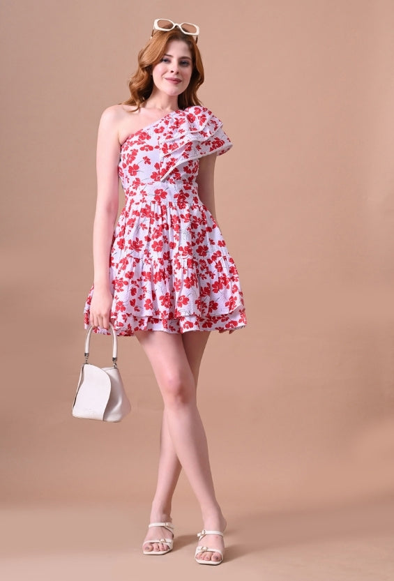 White Seersucker Floral Print Women's One-Shoulder Dresses for Women