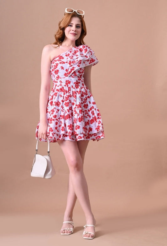 White Seersucker Floral Print Women's One-Shoulder Dresses for Women
