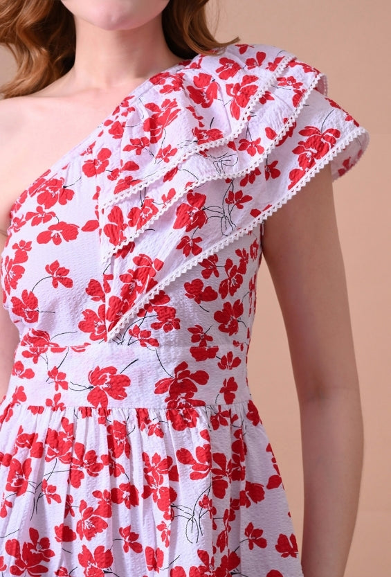White Seersucker Floral Print Women's One-Shoulder Dresses for Women