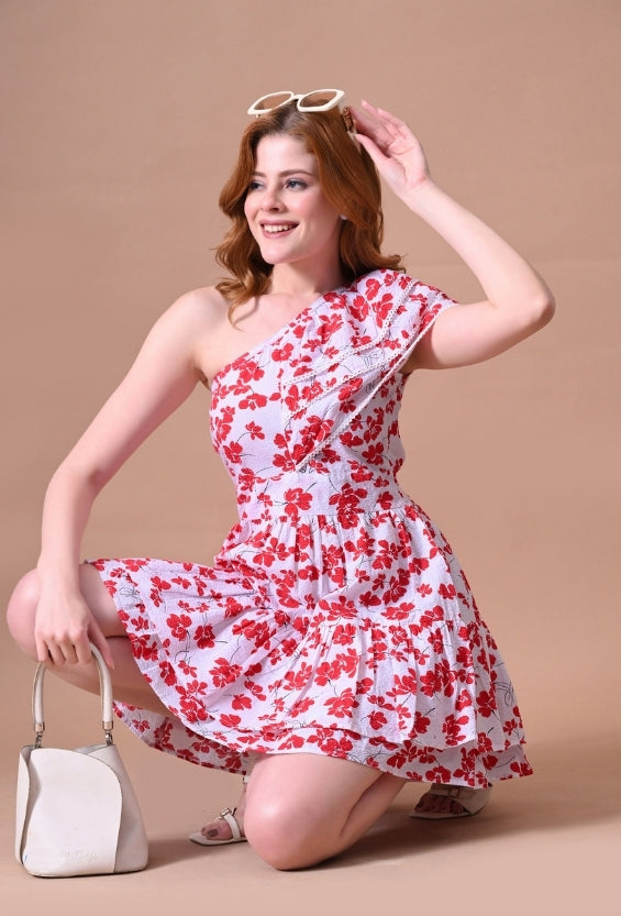 White Seersucker Floral Print Women's One-Shoulder Dresses for Women