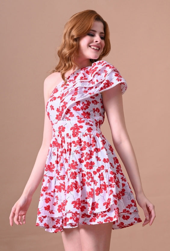 White Seersucker Floral Print Women's One-Shoulder Dresses for Women