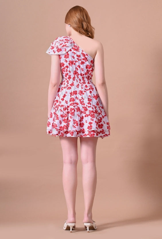 White Seersucker Floral Print Women's One-Shoulder Dresses for Women