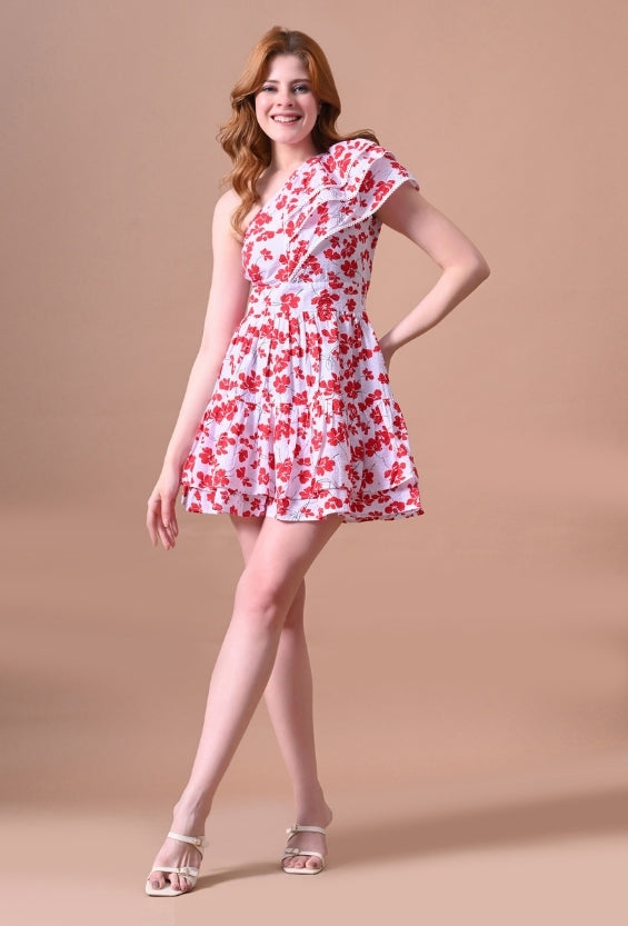 White Seersucker Floral Print Women's One-Shoulder Dresses for Women