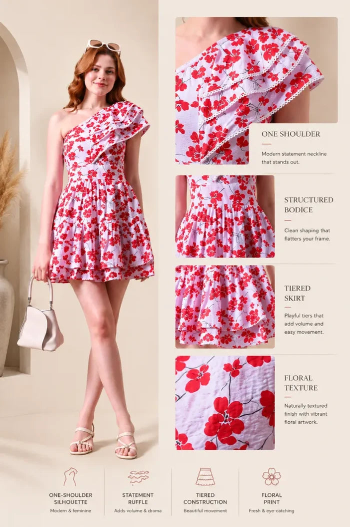 White Seersucker Floral Print Women's One-Shoulder Dresses for Women