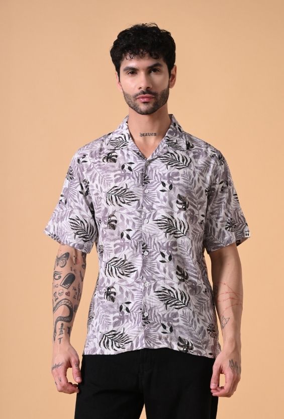 White Tropical Print Men's Full Sleeve Shirts for Men