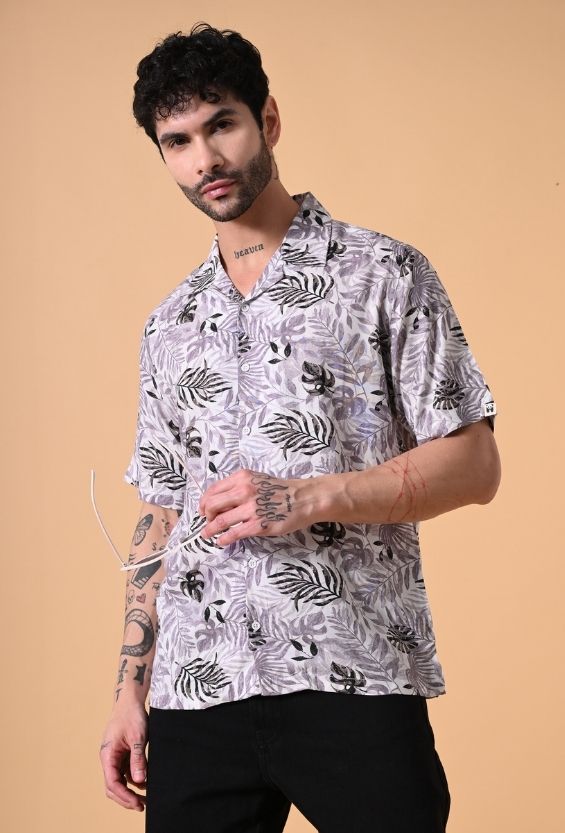 White Tropical Print Men's Full Sleeve Shirts for Men