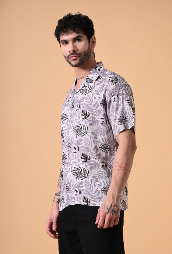 White Tropical Print Men's Full Sleeve Shirts for Men