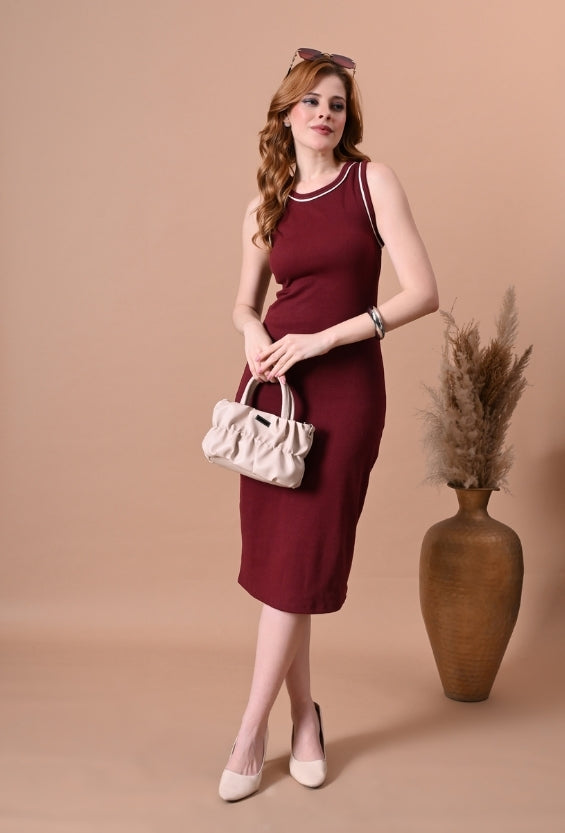 Wine Red Cotton Rib Bodycon Fit Women's Bodycon Dresses for Women