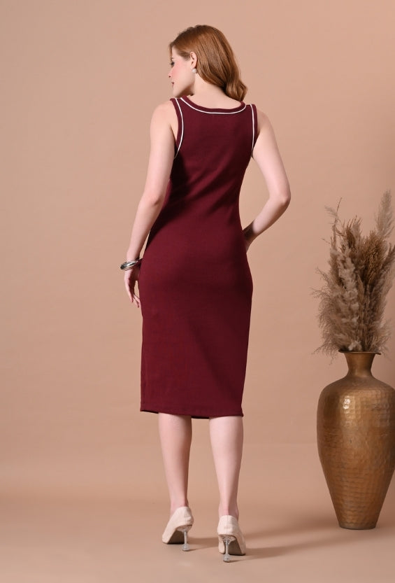 Wine Red Cotton Rib Bodycon Fit Women's Bodycon Dresses for Women