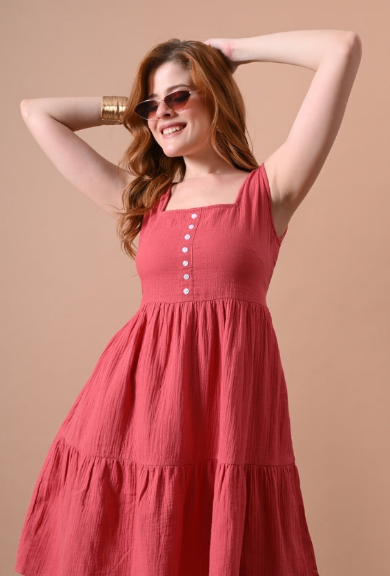 Women's Coral Cotton Tiered Dress