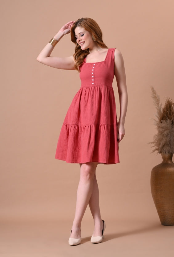 Women's Coral Cotton Tiered Dress