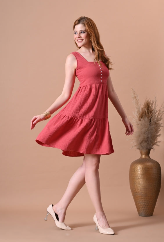 Women's Coral Cotton Tiered Dress