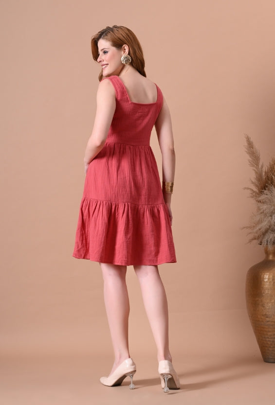 Women's Coral Cotton Tiered Dress